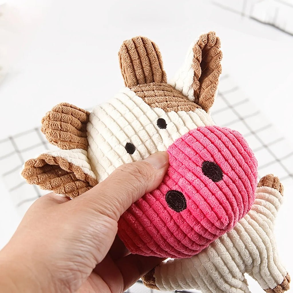 Animal-shaped plush dog chew toy with squeaker in multiple colour options