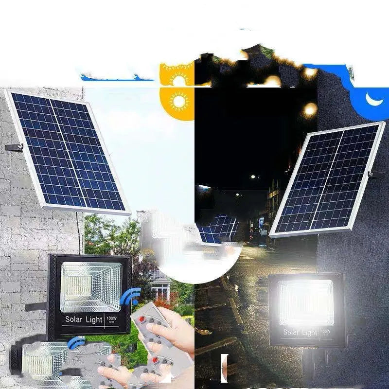 Black solar-powered LED flood light with solar panel on top, mounted on an outdoor wall.