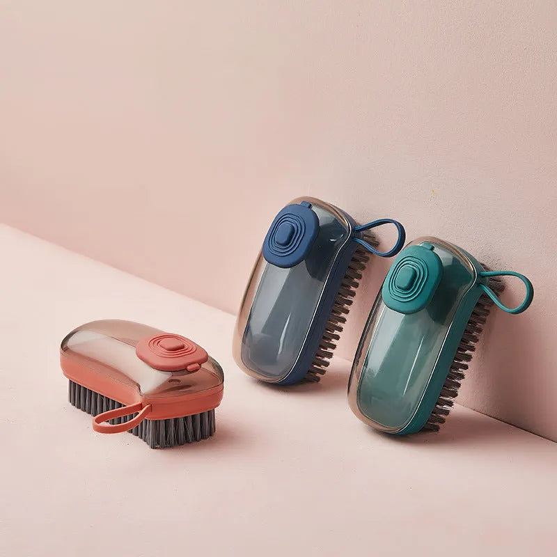Multifunctional automatic liquid cleaning brush in blue with ergonomic grip on shoe