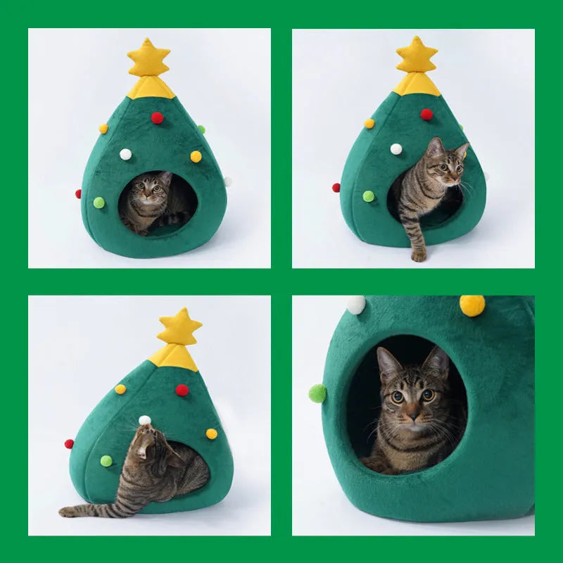 Plush teddy pet bed in Christmas tree cave shape with detachable and washable cover