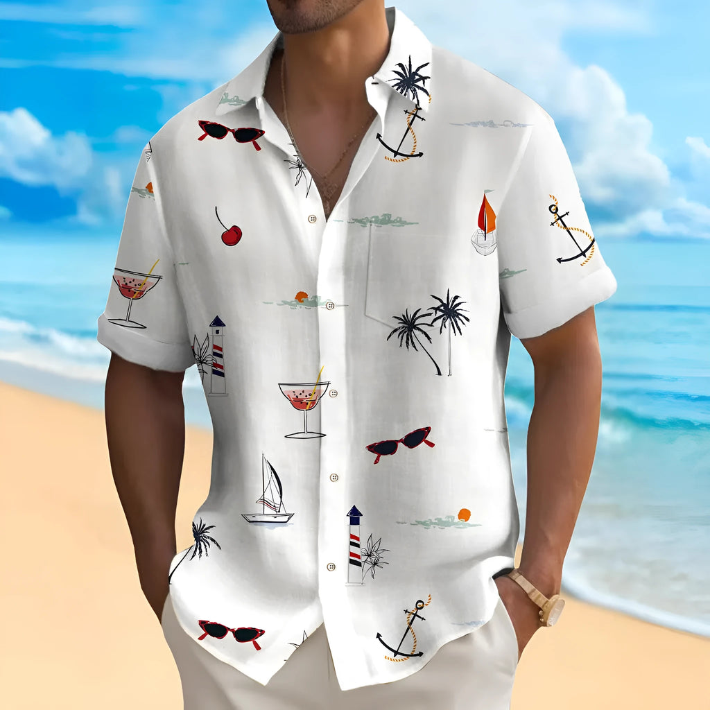 Man wearing a loose-fit, short-sleeve Hawaiian shirt with a vibrant digital print pattern.