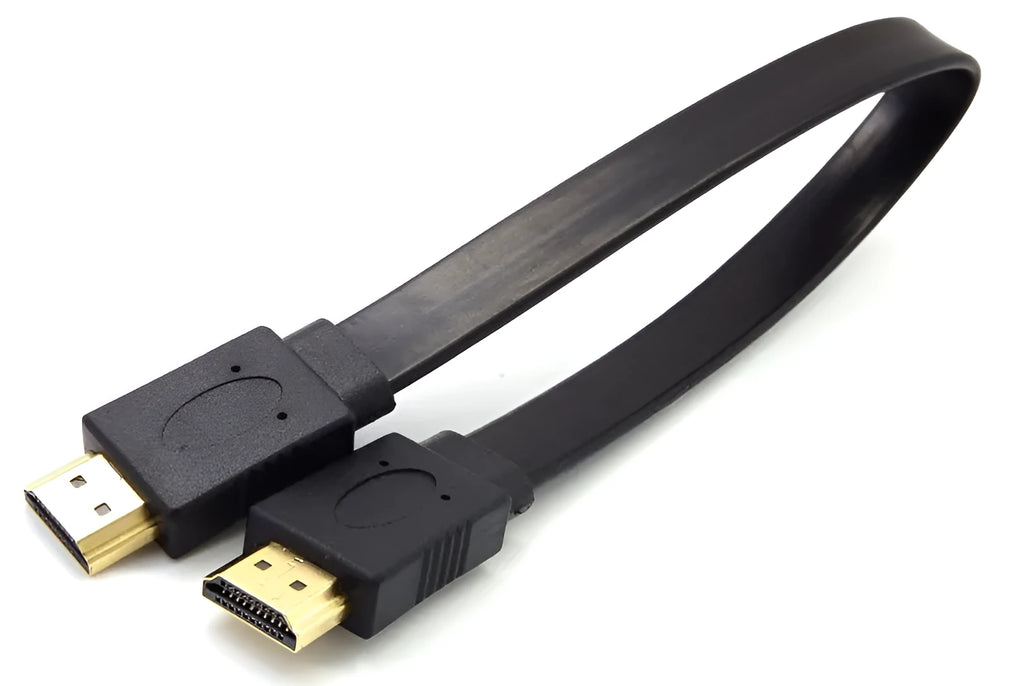 Flat HDMI cable version 1.4 with copper wiring showing connector detail