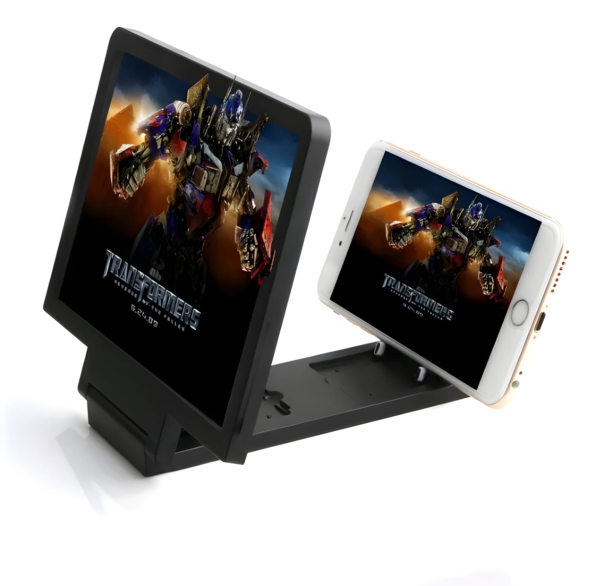 Black 3D mobile phone screen amplifier on a magnetic stand holding a phone.