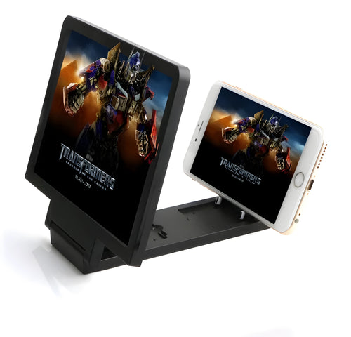 Black 3D mobile phone screen amplifier on a magnetic stand holding a phone.