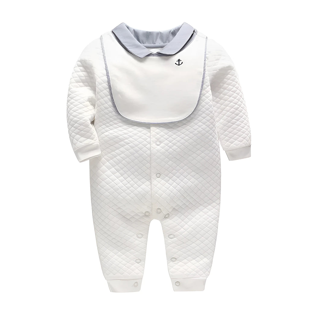 White long sleeve cotton baby gentleman romper for boys in Asian sizes from 59cm to 90cm.