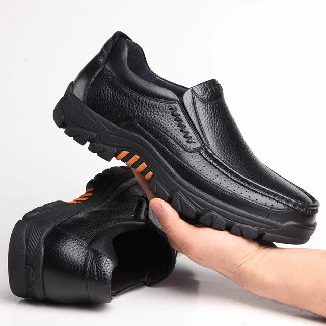 Men's black and brown cowhide leather business casual slip-on shoes with rubber sole