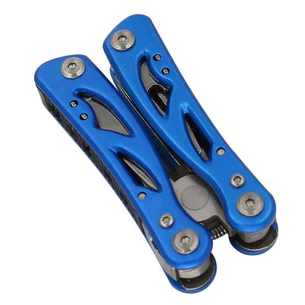 Blue multi-function folding pliers tool with a knife blade, shown folded and open next to its Oxford storage bag