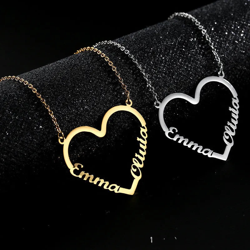 Custom stainless steel name heart pendant necklace with 18K gold plating and adjustable chain