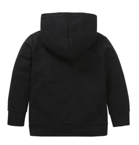 Boys' black hooded sweater with white letter print, long sleeve pullover design in 100% cotton