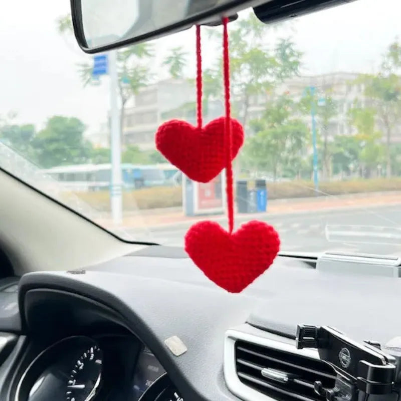 Green and white knitted car plant ornament with 8cm basin base and hanging rope for vehicle interiors