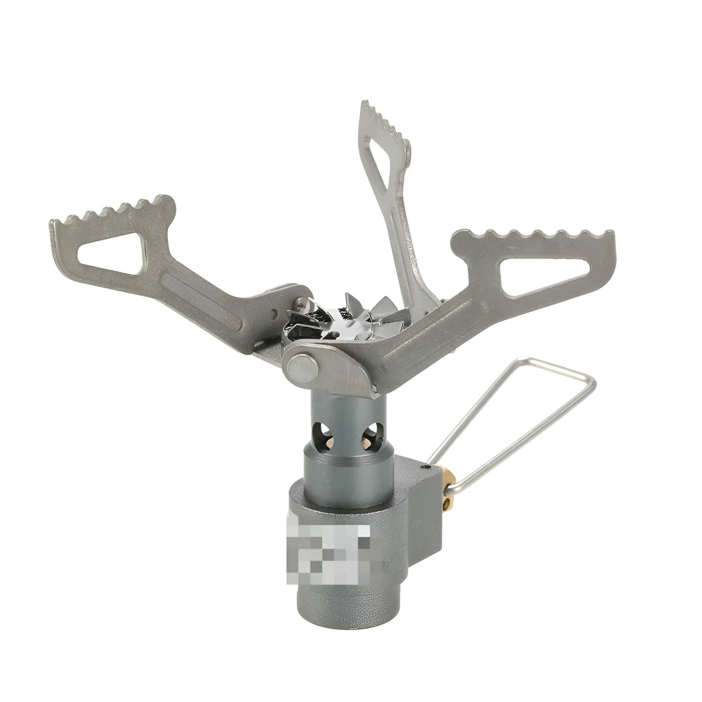Compact portable propane gas camping stove with one-piece steel body and cast iron burner.