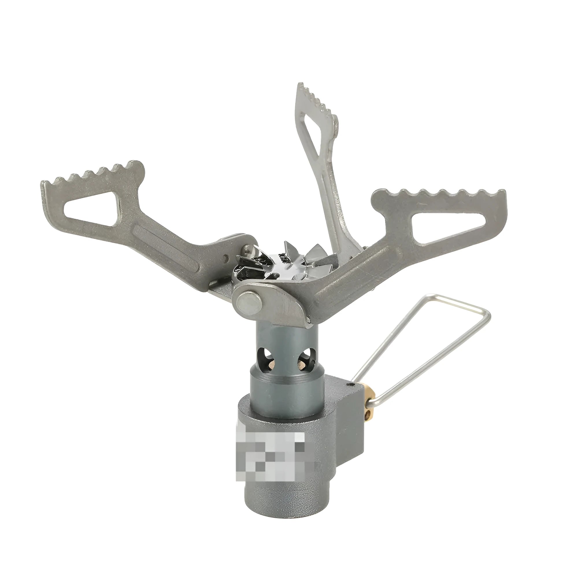 Compact portable propane gas camping stove with one-piece steel body and cast iron burner.