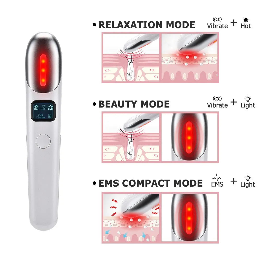 Pink EMS eye massager with micro electric current and heating for eye care, resting on a white surface