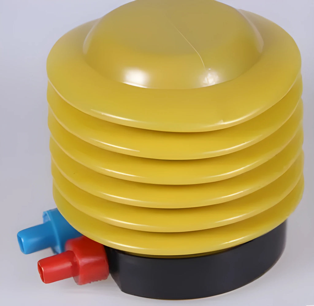 Blue and red pedal pump for inflating swim rings with 500cc capacity and 4-inch diameter