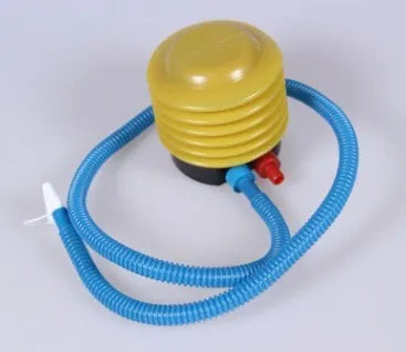 Blue and red pedal pump for inflating swim rings with 500cc capacity and 4-inch diameter