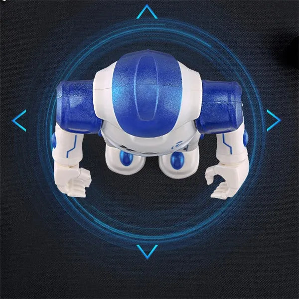 Blue remote control smart robot toy with gesture sensing and dance functions on a white background