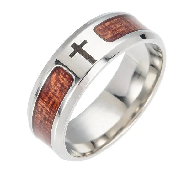 Stainless steel ring with solid wood inlay tree shape design unisex size