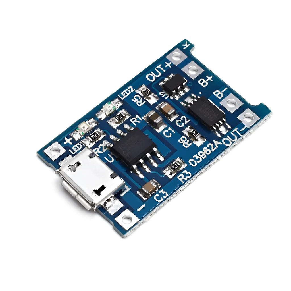 Small blue PCB for charging and protecting a single 3.7V lithium battery, showing solder pads for 5V input, battery, and output.