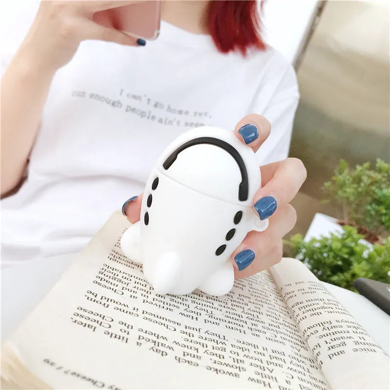 Silicone flip case with cartoon aeroplane design and hook for Apple AirPods 1 and 2.