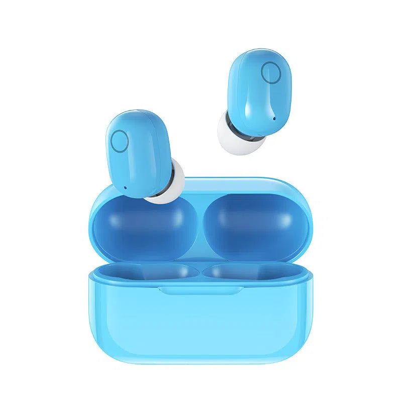 T12 wireless sports Bluetooth headset with charging case in black colour on a white background