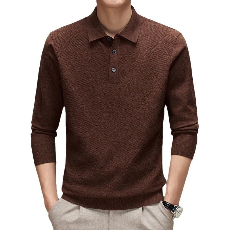 Men's polo collar knitwear sweater in solid colour, long sleeves, loose fit, jacquard knit