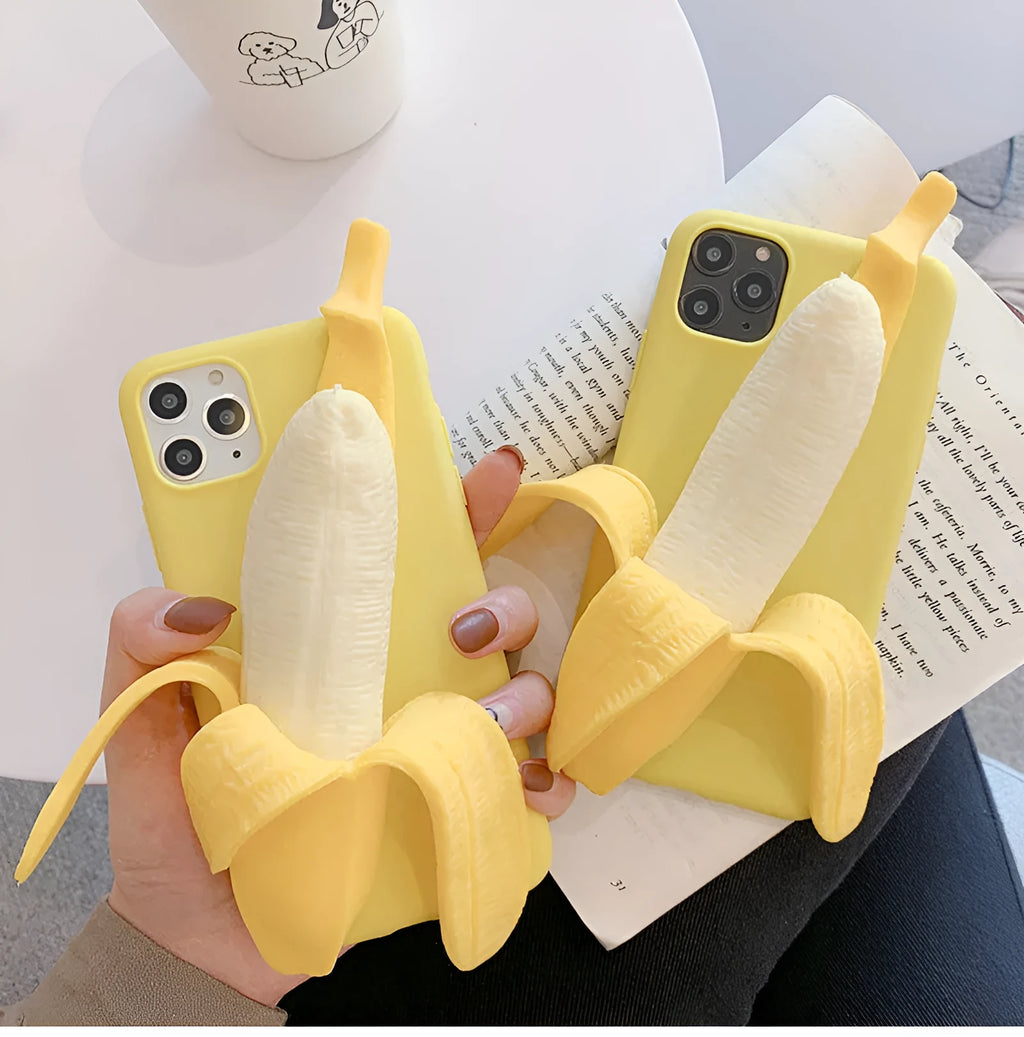 Unzip banana silicone phone case in bright yellow for iPhone, showing realistic unzip detail and soft TPU back protector