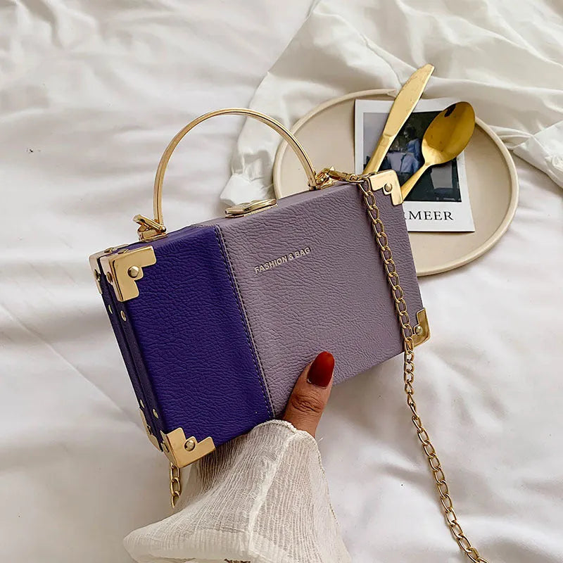Handle box design clutch bag in orange with long chain, PU leather, 19cm length