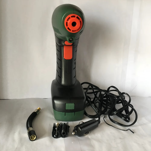 12V portable air compressor in plastic nylon and ABS housing, dimensions 18 x 8 x 25 cm, weight 720g
