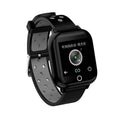 Black smart watch with touchscreen displaying fitness stats, with Bluetooth earbuds docked in the watch case.