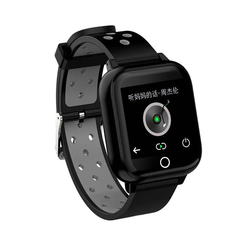 Black smart watch with touchscreen displaying fitness stats, with Bluetooth earbuds docked in the watch case.