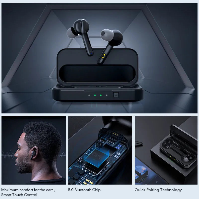 Black and white true wireless earbuds with charging case, showing discreet in-ear design for sports and daily use.