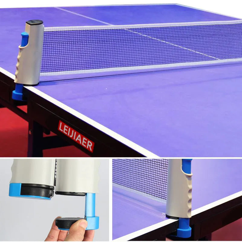 Portable table tennis racket set with two paddles, retractable net, four balls, and carry bag