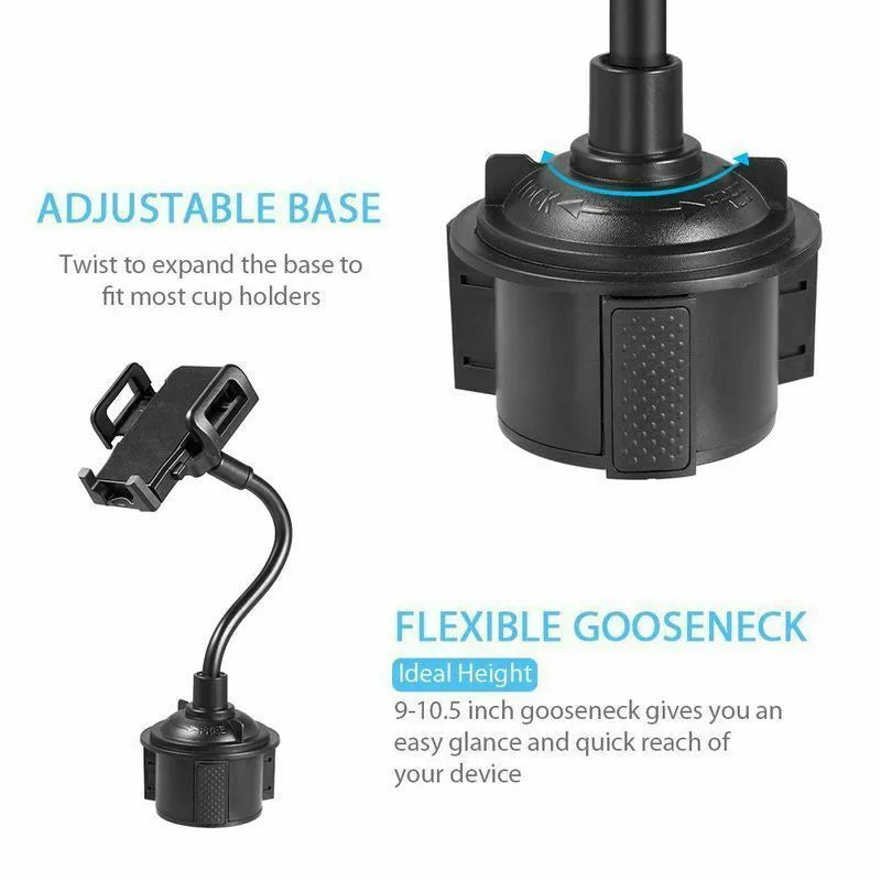 Black universal car phone mount holder with adjustable side grips, shown mounted on a car air vent.