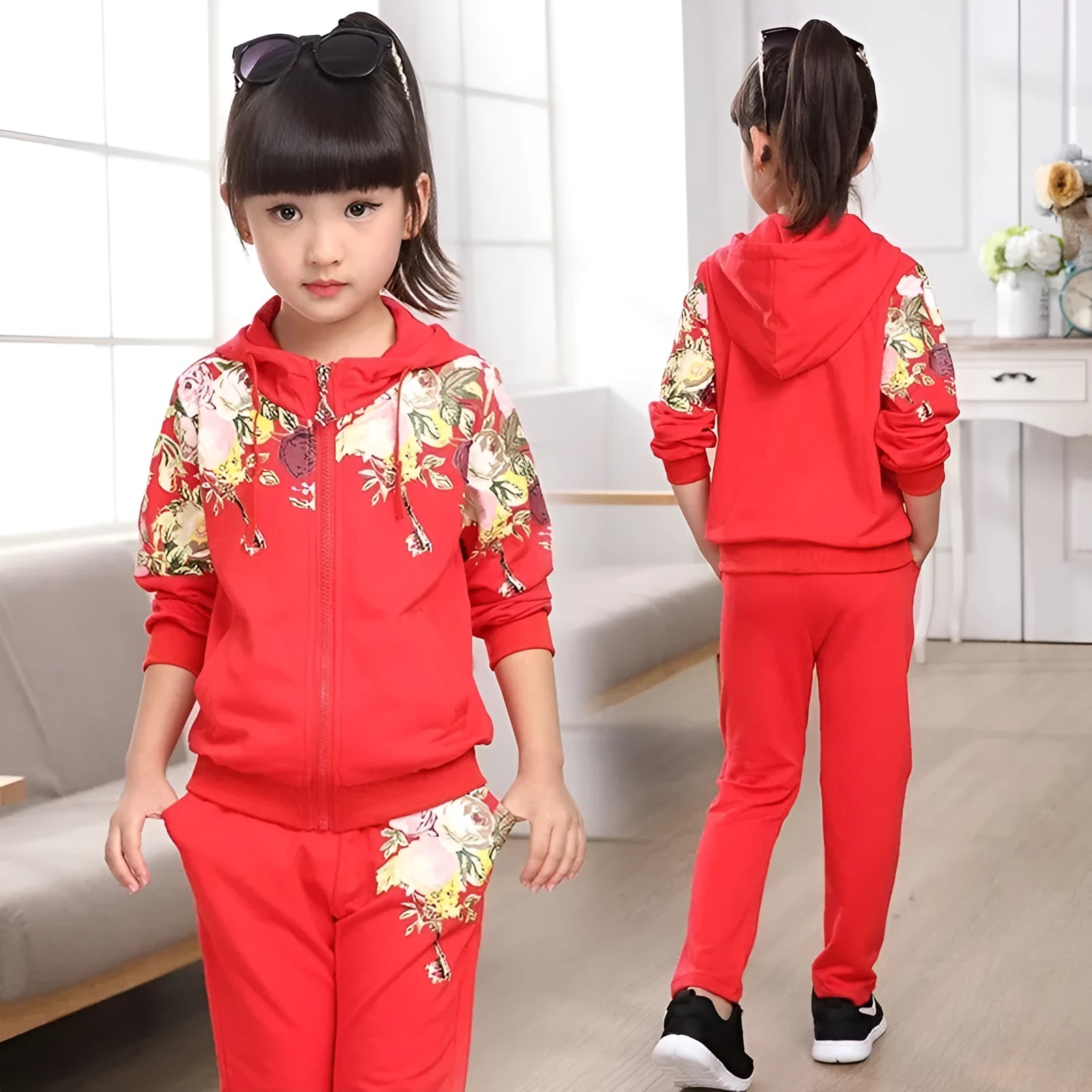 Children's pink hooded tracksuit set with long sleeves and matching trousers for age 8 plus.