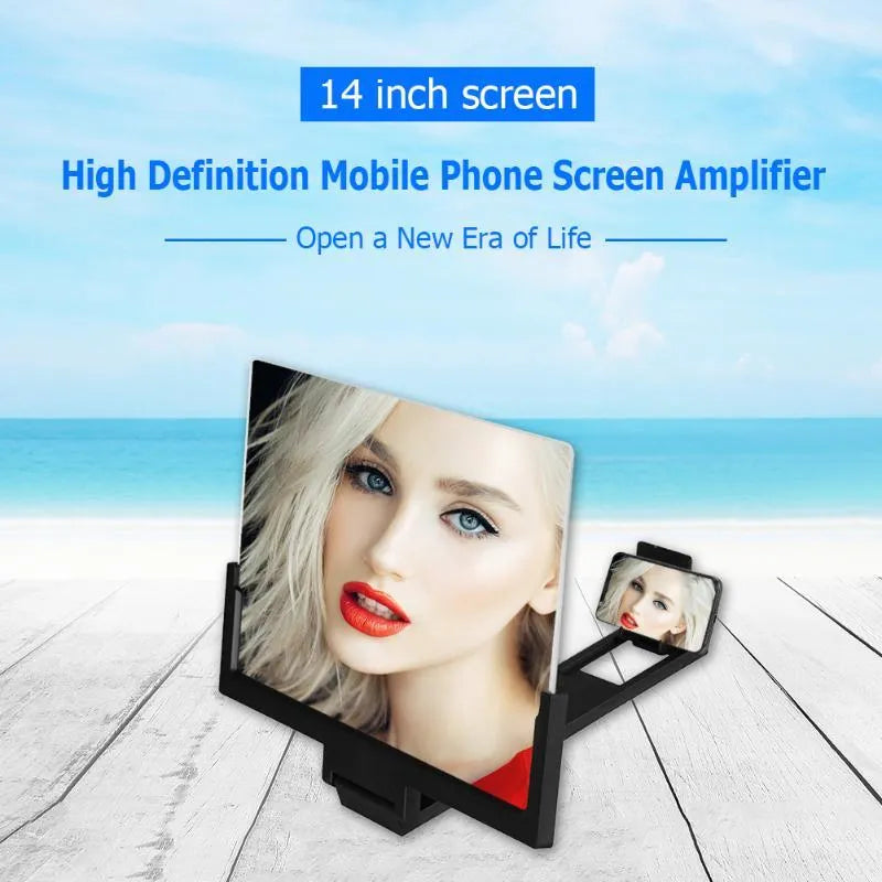 Black and white mobile phone stand with optical magnification on 295x170mm screen