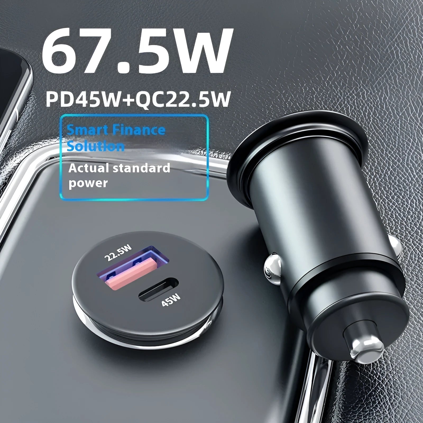67.5W zinc alloy car charger with USB-A and USB-C ports, model SC-G03-67.5W, black