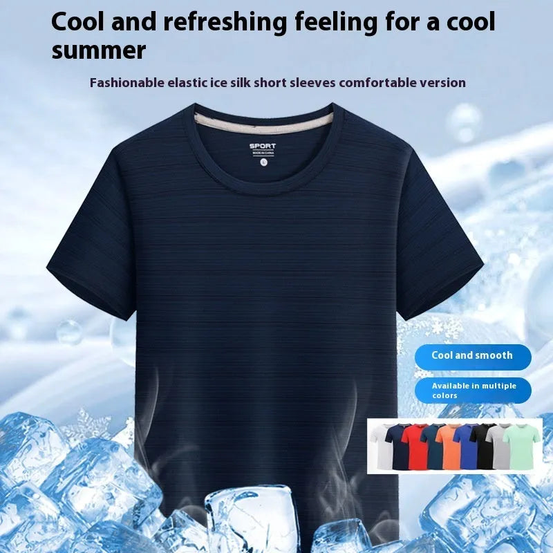 Solid colour quick-drying spandex t-shirt in round neck pullover style.