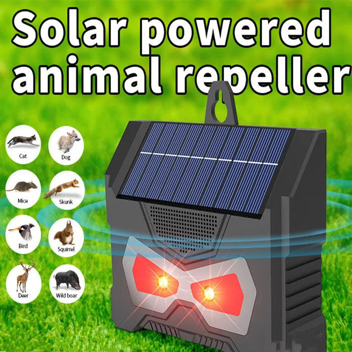 Black animal-shaped solar-powered ultrasonic pest repeller for outdoor garden use