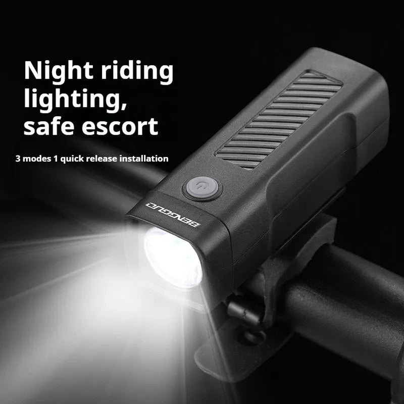 USB rechargeable bicycle headlight with quick release strap mount showing LED light