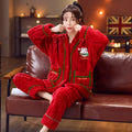 Winter women's red flannel homewear leisure set with long-sleeved top and matching pants