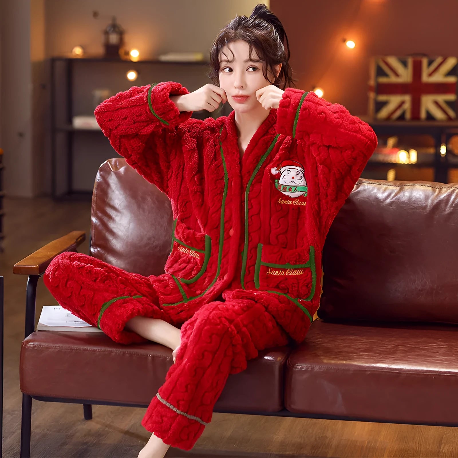 Winter women's red flannel homewear leisure set with long-sleeved top and matching pants