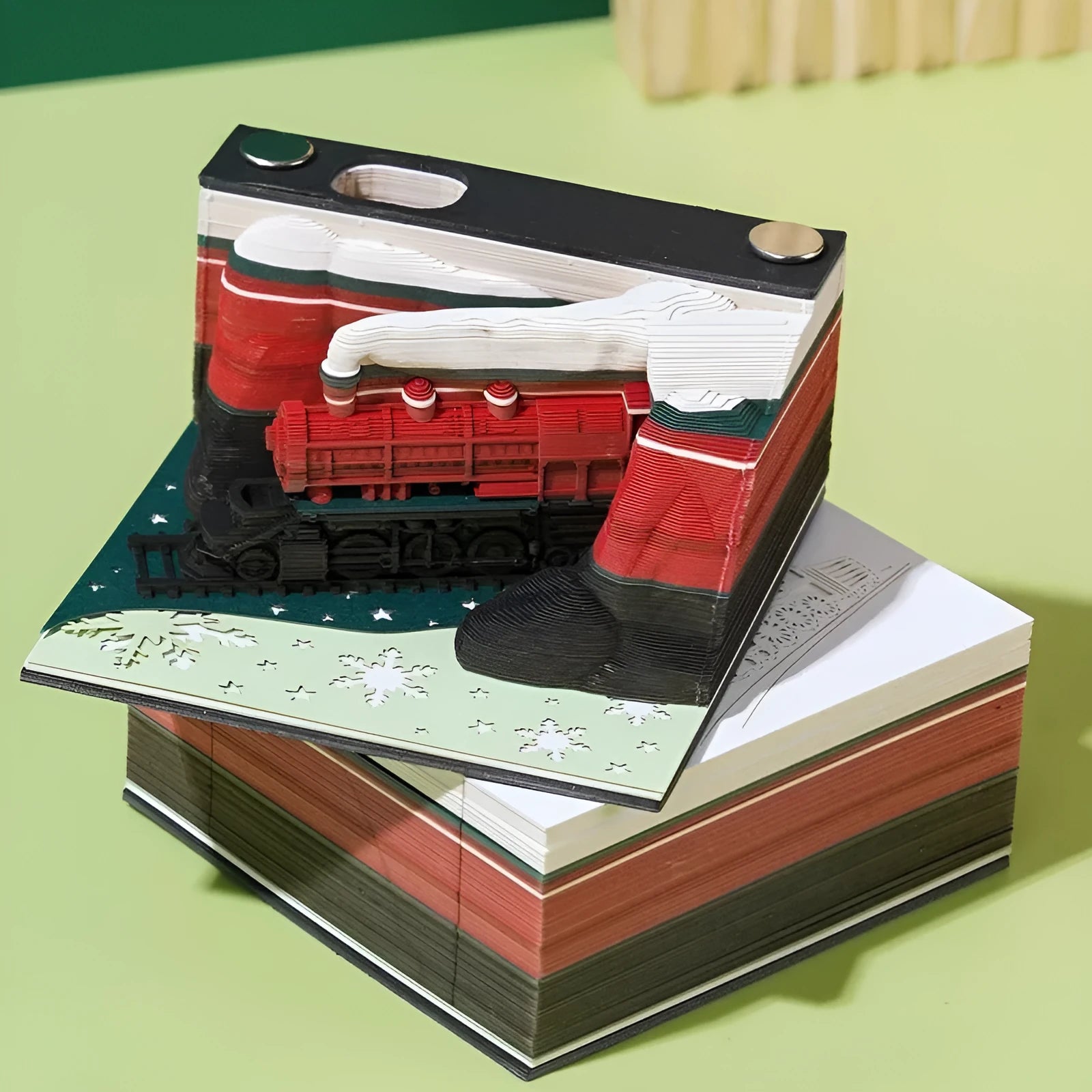 3D sticky notes with Christmas train design and Qingshui Temple inspired paper carving