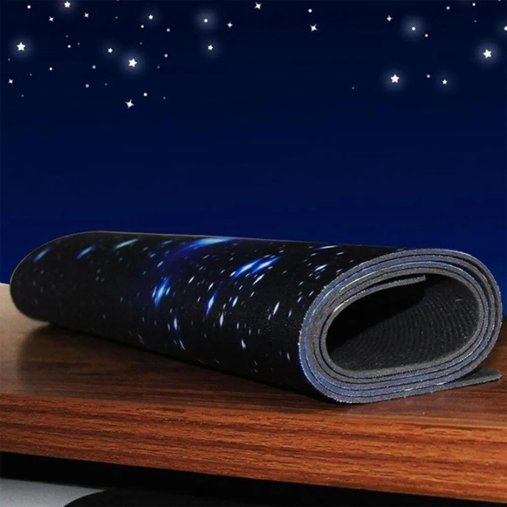 Blue star mouse pad with high-density fabric surface and anti-skid rubber base on a desk