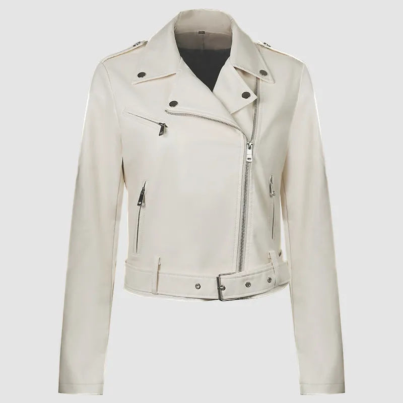 Women's black PU leather jacket with lapel collar and an adjustable waist belt, shown front-on.