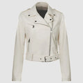Women's black PU leather jacket with lapel collar and an adjustable waist belt, shown front-on.