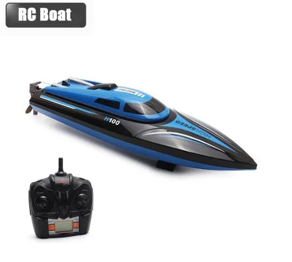 Blue speed racing RC boat on water, with remote control transmitter featuring LCD screen