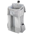 Grey attachable storage bag with diamond mesh panel and PP support plate, 44.6x23x16cm, hung on a white baby cot