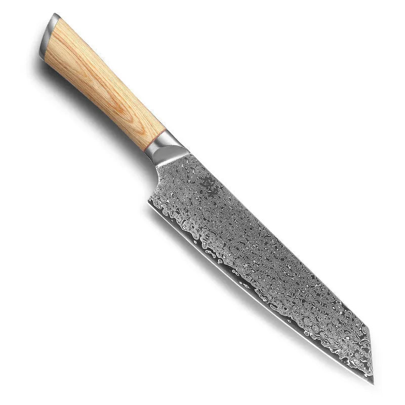 Damascus pattern kitchen knife set with V gold steel core showing 67-layer folded construction