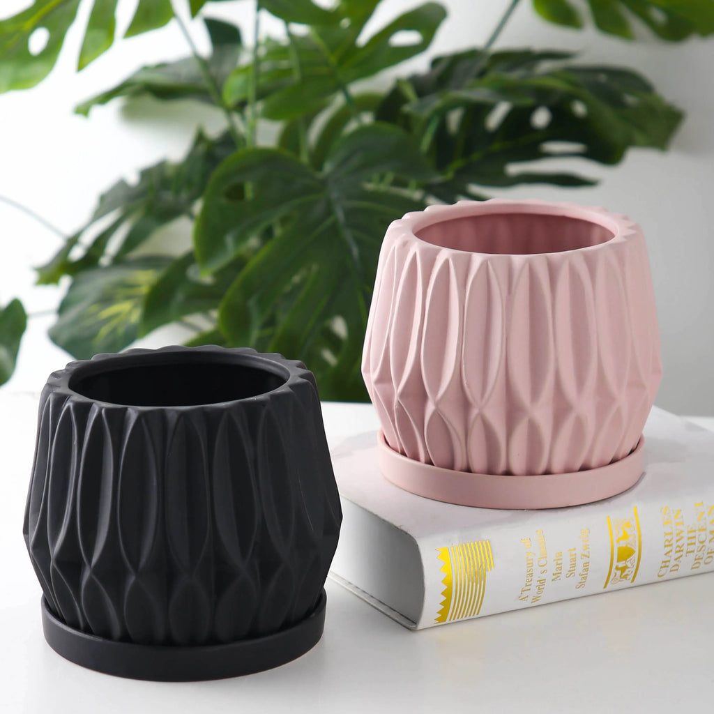 Grey small ceramic tabletop plant flowerpot on a desktop with a small green plant