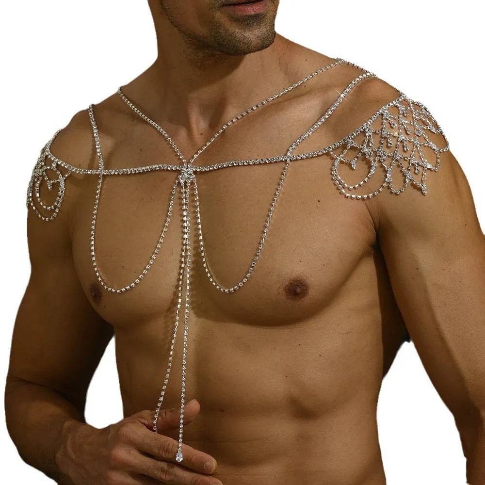Multi-layer tassel shoulder chain rhinestone men's body chain in gold or silver alloy geometry shape